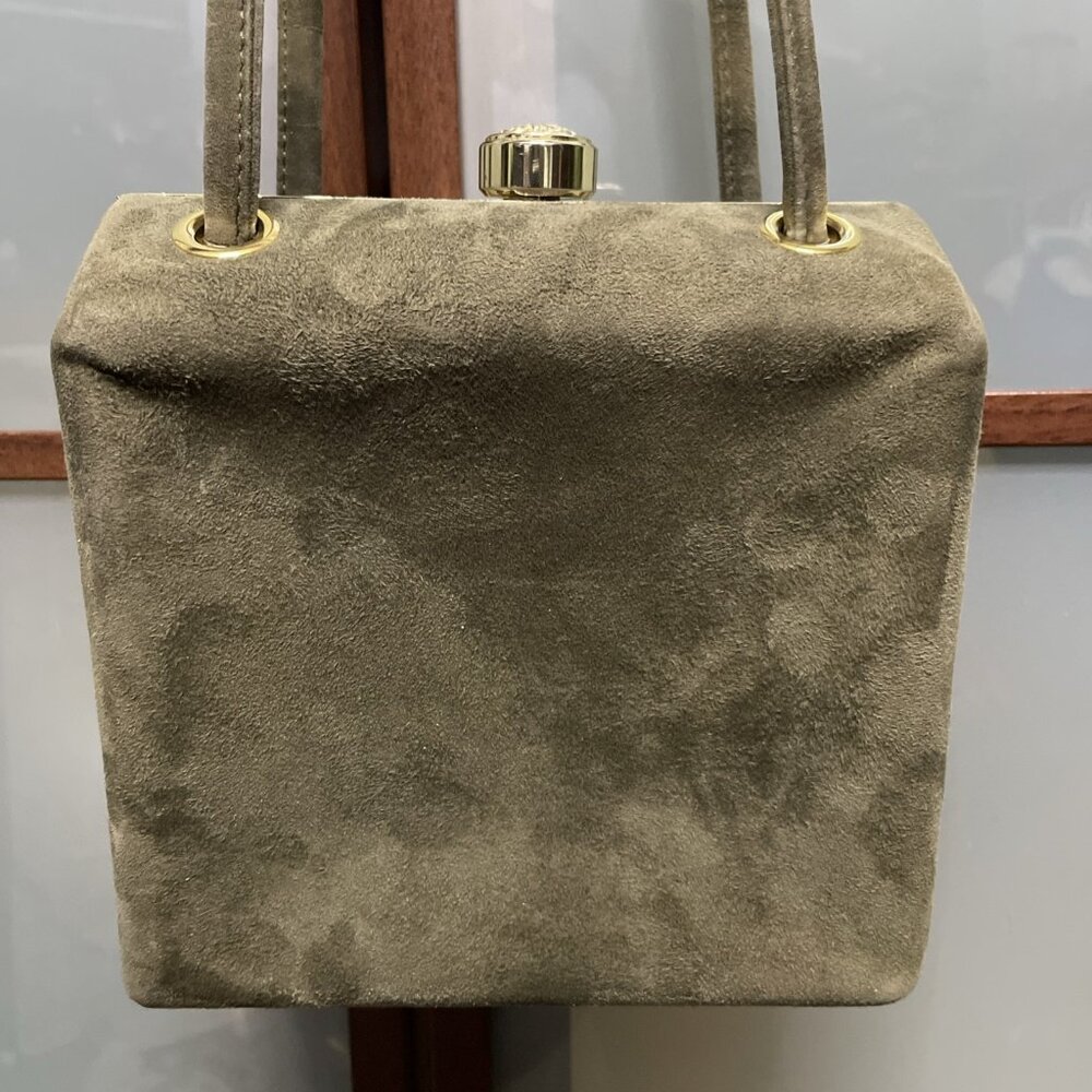 ESCADA Vintage Olive Green Suede Leather Gold Top Clasp Shoulder Evening Bag